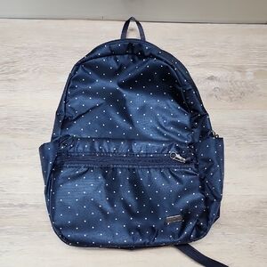 NWOT Pacsafe Daysafe Commuter /School Backpack/Bookbag Navy Blue White Polkadot